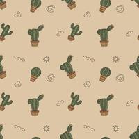 Seamless Pattern With Cacti In Pots In The Doodle Style. vector