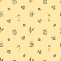 Seamless Pattern With Beer Mugs And Spikelets. One-Color Contour Flat Vector Illustration, Hand Drawn.