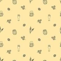 Seamless Pattern With Beer Mugs And Spikelets. One-Color Contour Flat Vector Illustration, Hand Drawn.