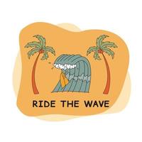 Ride The Wave. Palm Trees, Wave And Surfboard In Doodle Style. vector