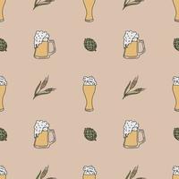 Seamless Pattern With Beer Mugs And Spikelets. Color Hand Drawn Flat Vector Illustration.