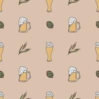 Seamless Pattern With Beer Mugs And Spikelets. Color Hand Drawn Flat Vector Illustration.