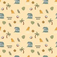 Seamless Pattern With Elements For Surfing. Palm Trees, Waves And Surf Boards In The Doodle Style. vector