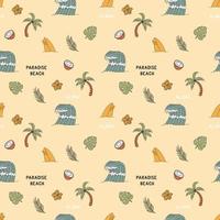 Seamless Pattern With Elements For Surfing. Palm Trees, Waves And Surf Boards In The Doodle Style. vector