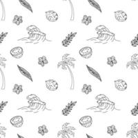 Seamless Pattern With Elements For Surfing. Palm Trees, Waves And Surf Boards In The Doodle Style. vector