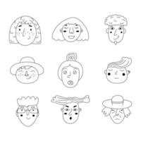 Set Of Peoples Faces In The Style Of Duddle. Hand Drawn Outline Vector Illustration.