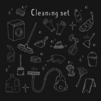 Hand Drawn Set With Elements Of Cleaning Products. Vacuum Cleaner, Mops, Gloves, Rags And More In The Doodle Style. vector