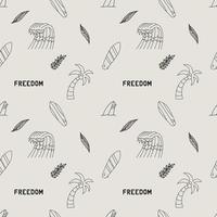 Seamless Pattern With Elements For Surfing. Palm Trees, Waves And Surf Boards In The Doodle Style. vector