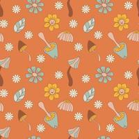 Seamless Pattern With Doodle Style Flowers And Mushrooms. Hippie Print Concept. Vector Illustration For Textiles, Covers, Clothing
