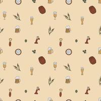 Seamless Pattern With Beer Mugs And Spikelets. Color Hand Drawn Flat Vector Illustration.