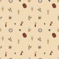 Seamless Pattern With Beer Mugs And Spikelets. Color Hand Drawn Flat Vector Illustration.