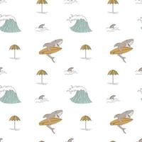 Seamless Pattern With Shark, Surf Boards And Waves In Doodle Style. The Concept Of Surfing. Hand Drawn. vector