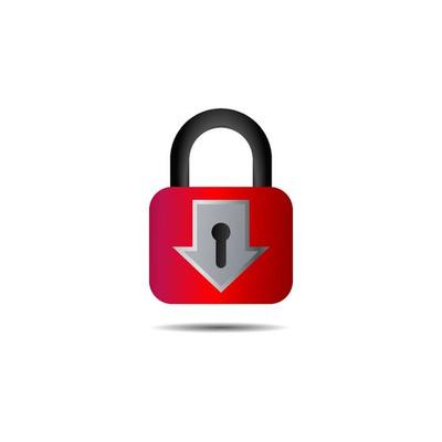 Lockdown sign illustration isolated on white background. Red Down arrow padlock shape icon. Security logo concept. Protection design element. Lock logo template