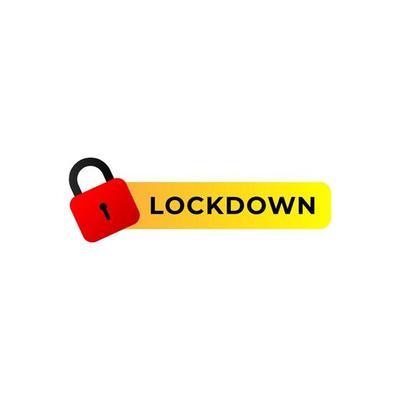 Lockdown sign illustration isolated on white background. Protection design element. Lock logo template. Red padlock icon with yellow label.  Security logo concept.