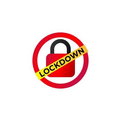 Lockdown sign illustration isolated on white background. Red padlock icon Security logo concept. Protection design element. Lock logo template. Red Ellipse shape with yellow diagonal label