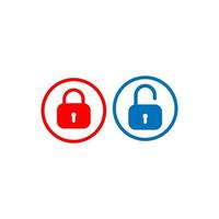 Lock and Unlock button design template. Padlock icon vector illustration with round frame. Security design element. Protection symbol isolated on white background. Red and Blue Color