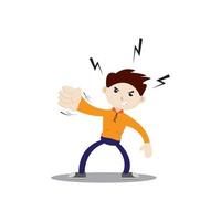 Angry-faced boy punching. Wearing an orange jacket, navy blue pants and sneakers. Flat character illustration. vector