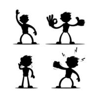 Set of four vector illustrations of silhouettes of boy cartoon character in various gestures in black isolated on white color background. Vol 2.