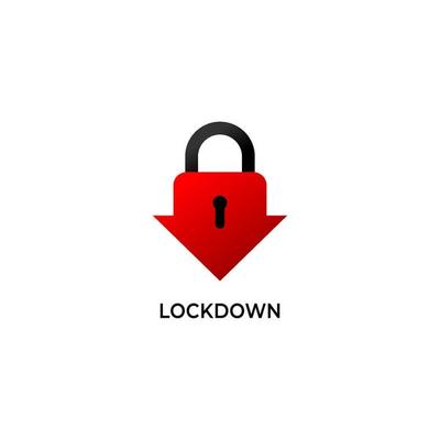 Lockdown sign illustration isolated on white background. Red Down arrow padlock shape icon. Security logo concept. Protection design element. Lock logo template