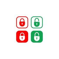 conjunto de botones de desbloqueo de bloqueo mínimo. icono de candado ilustración vectorial con forma de rectángulo redondeado. elemento de diseño de seguridad. símbolo de protección aislado sobre fondo blanco. color rojo y verde vector