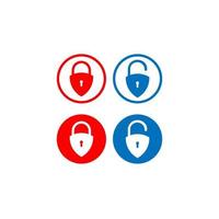 Minimal Lock Unlock button set. Padlock shield icon vector illustration with round shape. Protection symbol isolated on white background. Security design element. Red and Blue Color