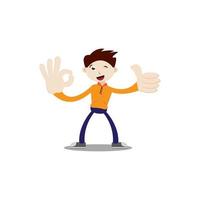 Flat character illustration. Cheerful-faced boy, winking, thumbs up and ok hand signal. Vector file