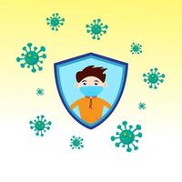 Boy wearing a mask inside blue shield frame protected from Covid-19. Flat character vector illutration