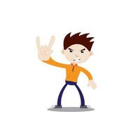 A boy is standing with a ferocious face and a metal hand. Wearing an orange jacket, navy blue pants and sneakers. Flat character illustration isolated on white background. vector