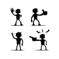 Set of four vector illustrations of silhouettes of boy cartoon character in various gestures in black isolated on white color background. Vol 1.