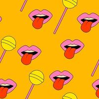 Lollipop Mouth with Tongue Summer Seamless Pattern Retro Groove Style vector