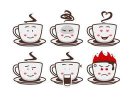 café chocolate bebida caliente taza taza personaje de dibujos animados mascota ilustración conjunto emoji con expresión facial vector