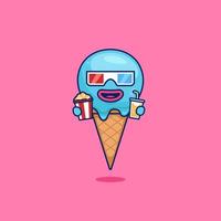 Cute ice cream cone dessert as movie goers mascot character watching movie in cinema illustration in cartoon style vector