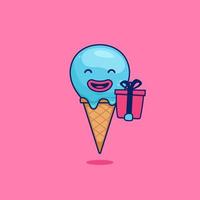 Cute ice cream cone dessert mascot character carry gift box illustration in cartoon style vector