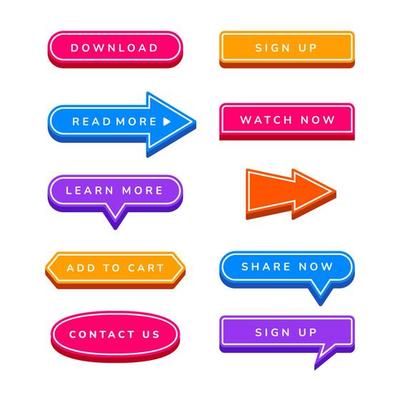 3d flat button collection for website landing page with share, download, sign up, watch now, learn more, read more, add to cart button
