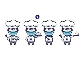 Cute chef character with face mask and chef hat in chibi style vector mascot pose set