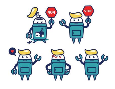 cute retro robot vector cartoon character pose set with broken 404 not found and stop sign
