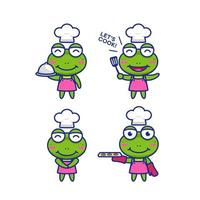 lindo chibi rana chef caricatura personaje mascota vector ilustración conjunto