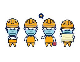 trabajador de la construcción con protección de máscara facial contra virus en un lindo estilo chibi vector