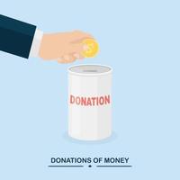 Hand putting coin, cash in jar. Donate, giving money, charity, volunteering concept. Donation box isolated on background. Vector design