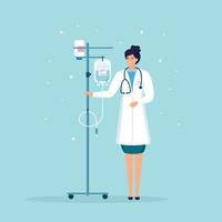 Doctor with stethoscope and dropper. Young nurse standing near drop counter. Equipment for patient intensive therapy in hospital. Woman in white coat. Vector cartoon design