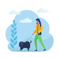 Woman is walking with dog. Happy girl play with pet. Puppy on a leash isolated on background. Vector design