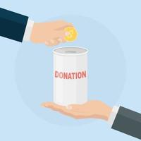 Hand putting coin, cash in jar. Donate, giving money, charity, volunteering concept. Donation box isolated on background. Vector design