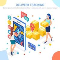 Order tracking. Isometric 3d mobile phone with delivery service app and woman. Shipping of box with pin, pointer, package, cargo transportation. Vector cartoon design