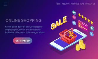 Online shopping concept. Buy in retail shop by internet. Discount sale. Isometric phone with basket. Vector design