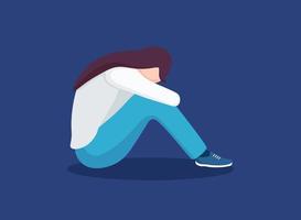 Sad lonely woman in depression. Young unhappy girl sitting and hugging her knees. Depressed teenager. Vector design