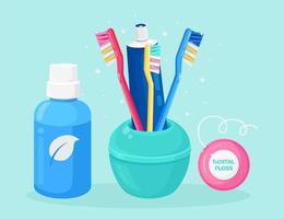 Set of dental cleaning, whitening tools. Toothbrushes, toothpaste, mouthwash and dental floss. Oral care. Vector design