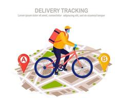 Free fast delivery service by bicycle. Courier delivers food order. Man travels in a respirator face mask with parcel on map. Prevention of coronovirus, Covid-19. Online package tracking. Vector