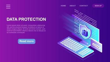 Data protection. Internet security, privacy access with password. Isometric computer, shield, lock vector
