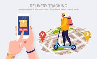 Free fast delivery service by kick scooter. Courier delivers food order. Hand hold phone with mobile app. Online package tracking. Man travels with a parcel on map vector