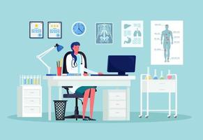 Doctor woman sits by table in hospital medical office. Physician waiting for the patient at the desk. Clinic appointment. Vector design